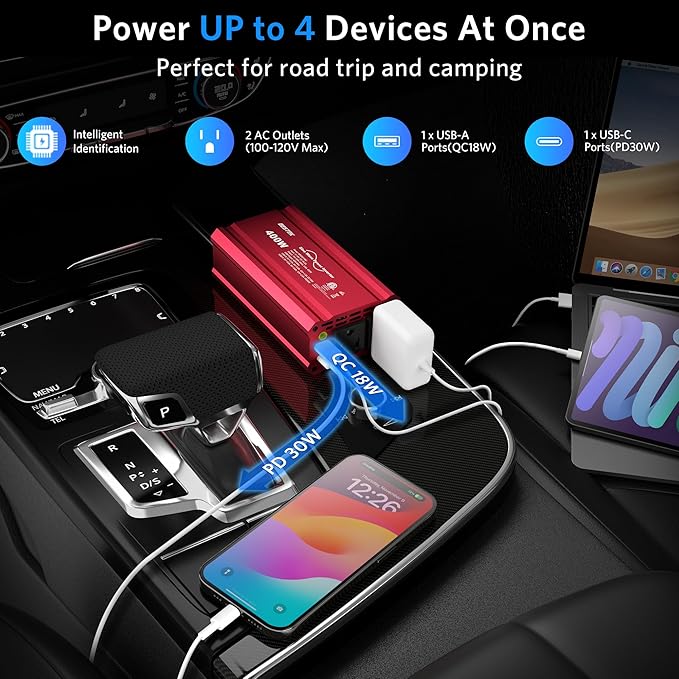 BESTEK 400W Car Power Inverter DC 12V to AC 110V Car Plug T-Type Sine Wave Inverter Adapter Power Converter with PD30W & QC18W Dual USB Charging Ports
