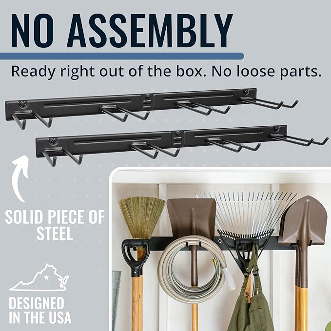 StoreYourBoard Wall-Mounted Rack With 4 Garage Hooks – Heavy-Duty Steel Holder Garage & Garden Storage for Shed, Workshop, or Home Organization – For Rakes, Shovels, Tools & More – 2 Pack, Gray