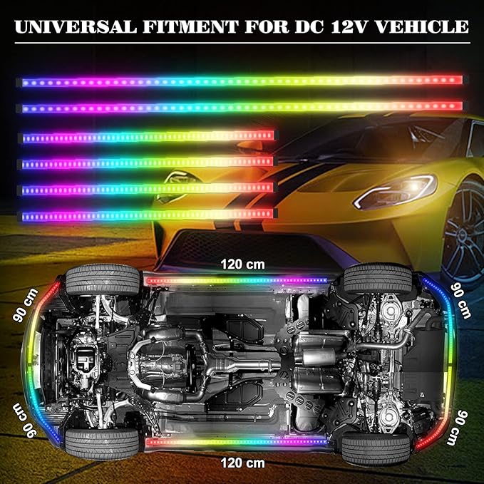 Car Underglow Lights Chasing Color, Upgraded Bluetooth Led Strip Light with Dream Color Chasing 212 Mode, Music Mode, DIY Mode, APP Control Underbody Strip Kit for Car, 35Inch & 47Inch, 6PC Pack