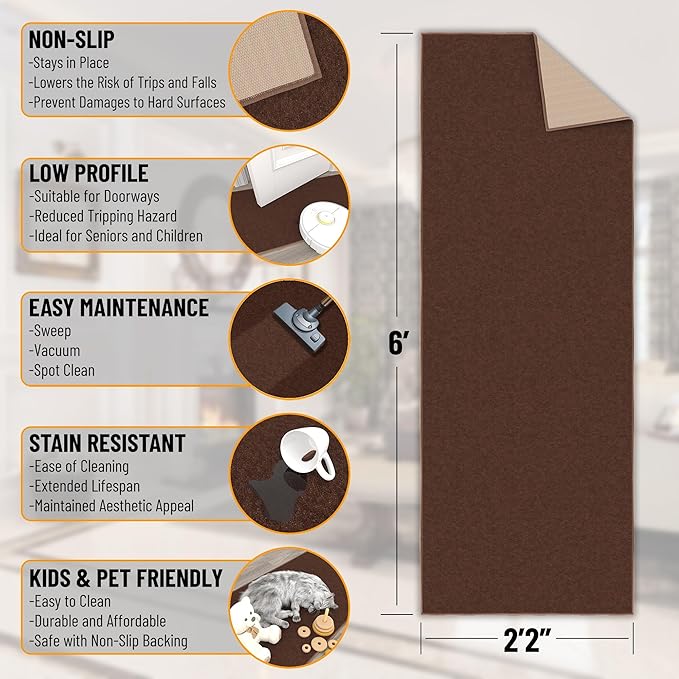 Ottomanson Hallway Runner Rug 2'2" x 6' Non Slip Solid Area Rugs Easy to Clean Laundry Rug Runner Durable & Pet Friendly Floor Carpet Runners for Hallways Entryway Living Room Kitchen, Brown