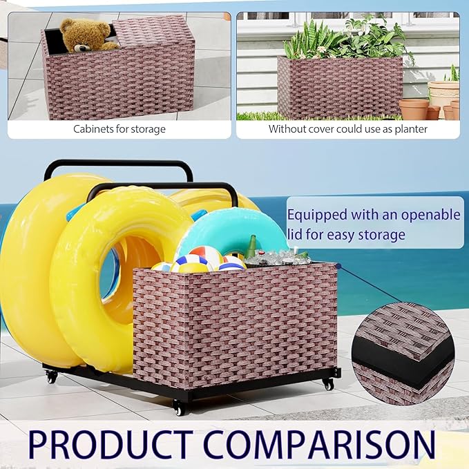 Pool Storage, All-Weather Float Storage Organizer for Cushions, Pool Float Storage Bin with Wheels, Waterproof Metal with Rattan Pattern UV Print Outdoor Pool Towel Rack, Brown