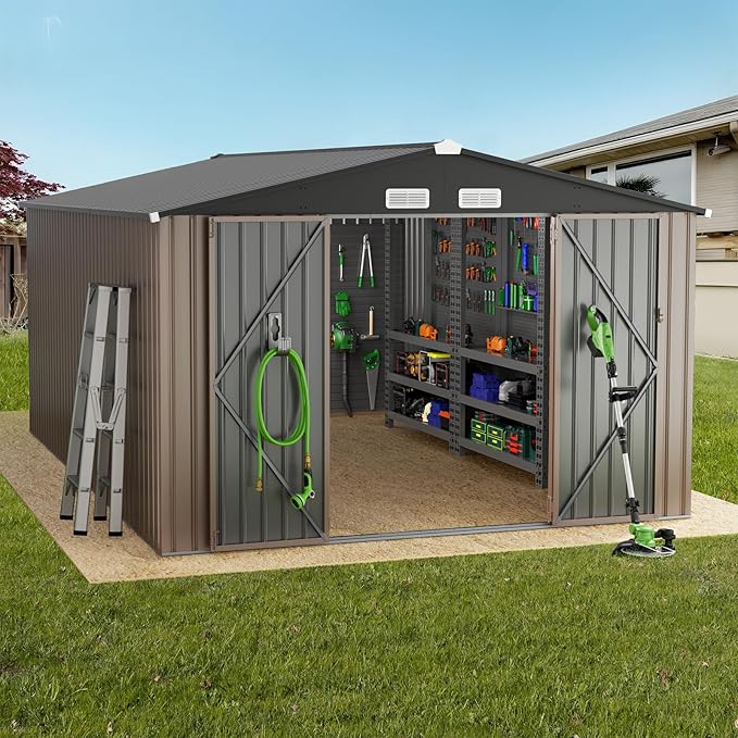 GVDV 10x14 FT Outdoor Metal Storage Shed, Durable Garden Shed with Updated Frame Structure for Backyard, Patio, Tool Storage, All-Weather Shelter for Bike, Gardening Tools, Lawn Mowers