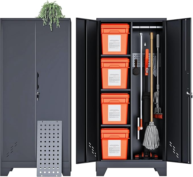 61" H Metal Storage Cabinet, Storage Shed with Shelves for Brooms and mops, Cleaning Supplies Closet with Removable Pegboard for Outdoor, Garage, Utility Room