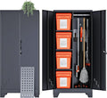 61" H Metal Storage Cabinet, Storage Shed with Shelves for Brooms and mops, Cleaning Supplies Closet with Removable Pegboard for Outdoor, Garage, Utility Room