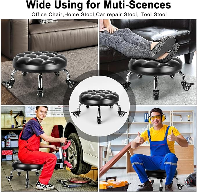 Low Rolling Stool, Low Stool with Wheels, PU Leather Low Roller Seat Stool Chair, Rolling Seat Stool for Home Office Garage Shop (Style 1)