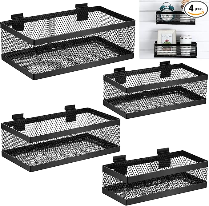 Coume 4 Pcs Black Slatwall Baskets 4 Size Metal Mesh Wire Basket for Slatwall Panels Ventilated Wall Mounted Hanging Accessories for Home Garage Retail Store Display Organizing(Mixed Size)