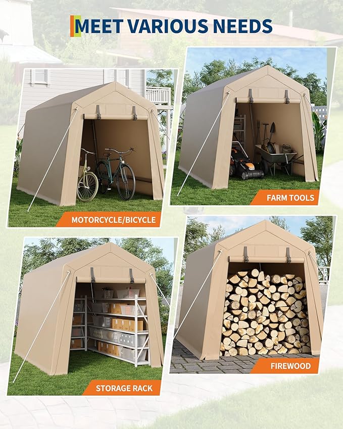 6x6 Ft Carport Heavy Duty Tent with Roll-Up Windows, Portable Garage with Removable Sidewalls & Doors, Car Canopy All-Season Tarp for Car Boat Truck Motorcycle, Khaki