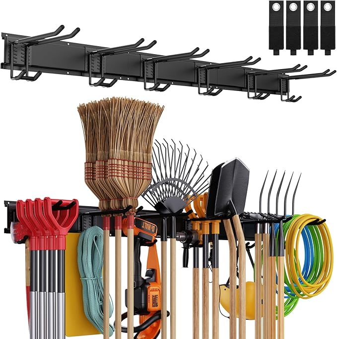 Tool Storage Rack, 48 Inch Heavy Duty Garage Wall Organzier, 13Pcs Adjustable Garden Tool Organizer for Garage Storage Organization Yard Shed Tool Organizer