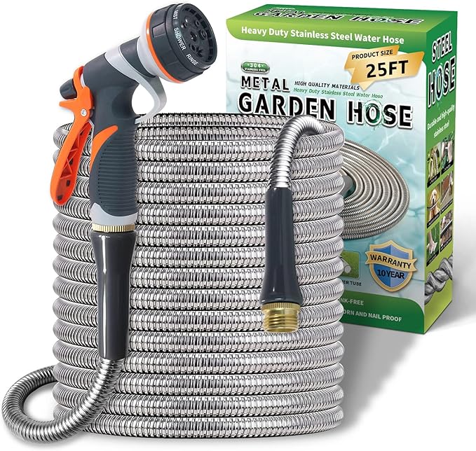 Lightweight Stainless Steel Garden Hose 25Ft – Kinkless Flexible Metal Water Hose - Thorn Proof Steel Hose with Solid Fittings for Garden, Outdoor Use (25ft)
