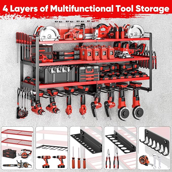 Upgrade Large power tool organizer Wall Mount,4 Layers Heavy Duty Metal Loads 400lbs Power Tool Hanger Shelf Battery Storage with 8 Cordless Drill Bit Holder,Utility Racks for Garage Tool Room