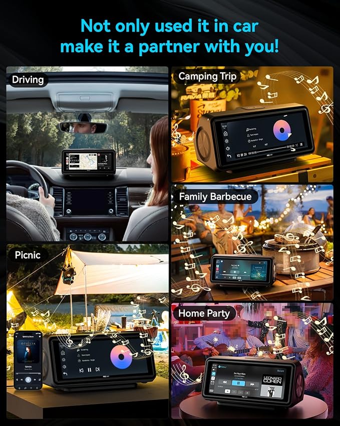 Portable Apple Carplay Screen for Car, Touch Screen with Wireless Android Auto, Car Audio Receivers with Voice Control, Mirror Link, Music Play, GPS Navigation, Built-in Customized Speakers (Black)