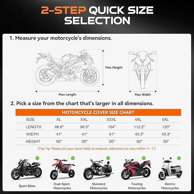 Motorcycle Cover Waterproof Outdoor, 300D Heavy Duty, UV & Rain Resistant, 3 Wind-Resistant Buckles, Dual Lock Holes, Includes Storage Bag, Fits Most Motorcycles/Scooters up to 86.6",Silver