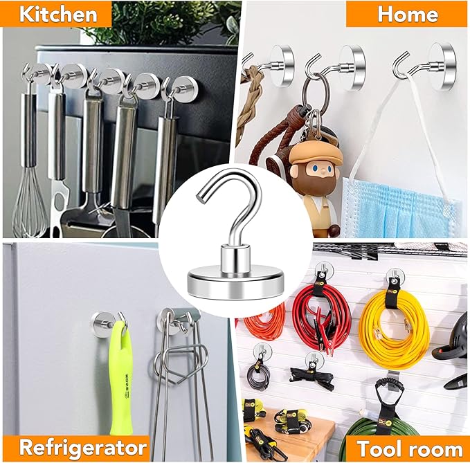 MIKEDE Magnetic Hooks Heavy Duty, 150LB+ Strong Neodymium Magnets for Refrigerator, Large Magnetic Hooks for Hanging, Magnets with Hooks Cruise Ship Essentials for Kitchen, Workplace - 8 Pack