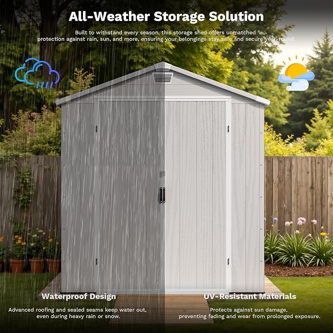 Patiowell 6x6 FT Outdoor Storage Shed with Floor - Resin Tool Shed with Lockable Door & 2 Windows, Easy Assembly for Garden, Backyard, Lawn Equipment, Light Grey