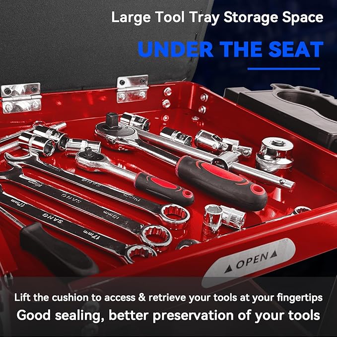 Rolling Creeper Garage Shop Seat for Men, Padded Mechanics Stool with Tool Tray Storage for Garage, Rolling Workshop Stool with Wheels, Auto Creeper Seat, 330 LBS Capacity, Heavy Duty, Red