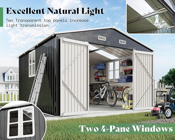 AMERLIFE 10x12x7 FT Galvanized Steel Storage Shed with Dual Transparent Panels, 2 4-Pane Windows & Hinged Double Doors, Outdoor Shed for Backyard, Garden, Patio, Dark Grey/White