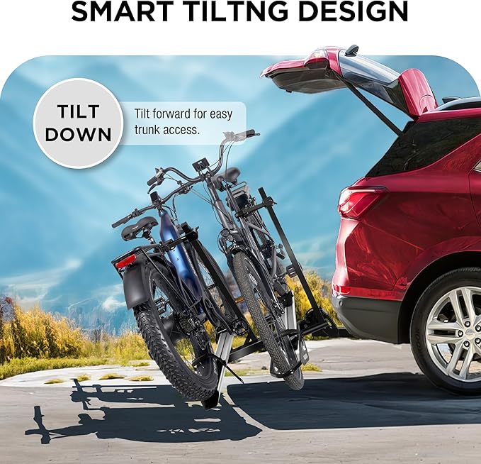 Rockland Foldable 2-Ebike Rack, 200 lbs Capacity, Hitch Mount Electric Bike Rack, Fits up to 5" Fat Tire Width and 50" Wheelbase, Ebike Carrier Rack for 2" Receiver for Cars SUVs Vans RVs