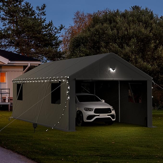13x25 Carport, Heavy Duty Carport Canopy Garage with Removable Sidewalls and Drive Through Roll Up Zipper Doors, Grey
