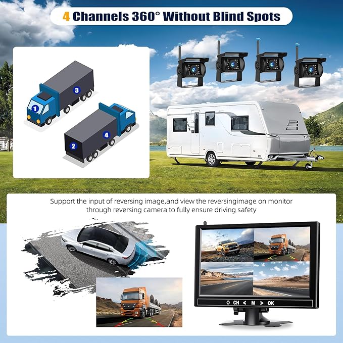 1080P Wireless RV Backup Camera System,9 Inch Reverse Camera Monitor for 4 Channels with IP69 Waterproof Night Vision Backup Camera Front Rear View Camera for Truck/RV/Van/SUV/Pickup