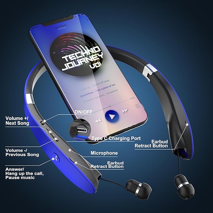 AMORNO Foldable Bluetooth Headphones Wireless Neckband Headset with Retractable Earbuds, Sports Sweatproof Noise Cancelling Stereo Earphones with Mic (Blue)