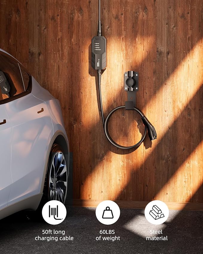 EV Charger Holder, with 180° Rotation Nozzle Dock, Metal J-Hook for SAE J1772 Charger Holder Organizer Wall-Mount Connector Electric Vehicle Charging Cable Car Accessories