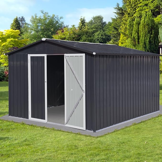 12 x 10 FT Metal Garden Shed, Outdoor Storage Shed with Heavy-Duty Steel Construction, Built-in Punched Vents & Hinged Door, Free Padlock for Secure Backyard, Patio & Garage Storage, Dark Grey