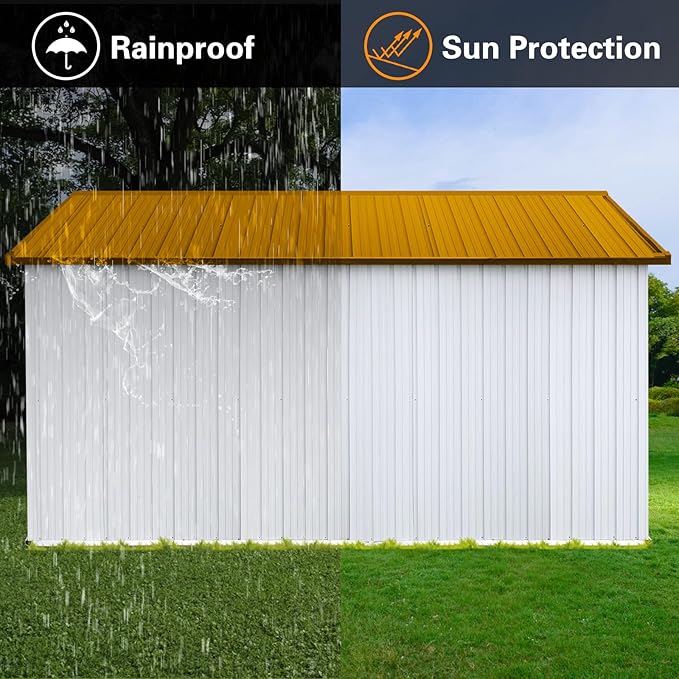10x12 FT Outdoor Storage Shed, Large Metal Garden Shed with 4-pane Window, Outside Tool Shed with Lockable Hinged Door & 4 Air Vent, Waterproof Storage Building for Backyard, Patio, Lawn, White+Yellow
