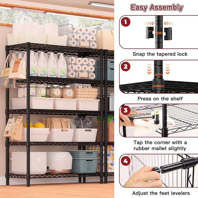 PrimeZone Wire Metal Storage Shelves - 5 Tier Adjustable NSF Certified Heavy Duty Garage Shelving Unit Organizer Rack, Steel Utility Shelf for Kitchen, Pantry, 35.5" W x 14" D x 72" H, Black, 2 Packs