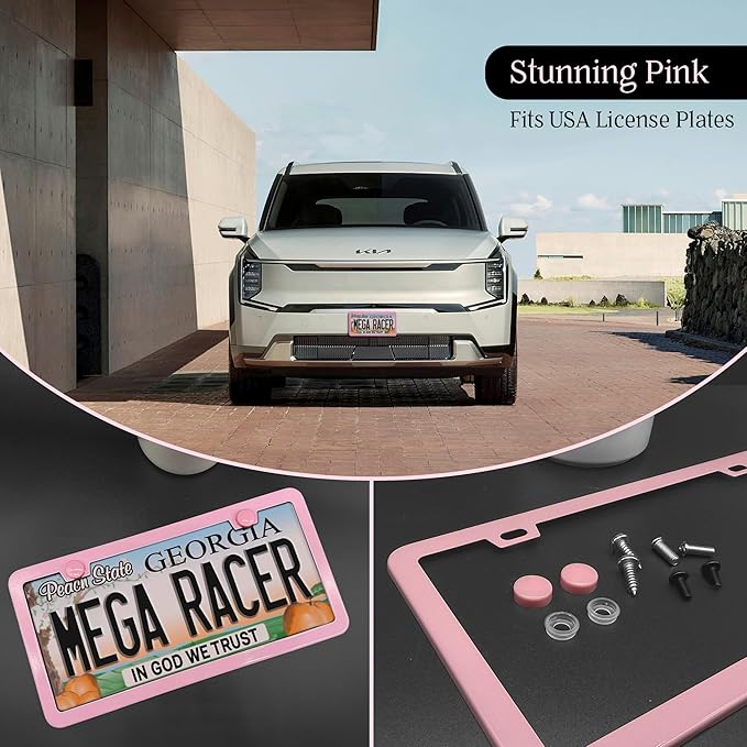 Premium Princess Pink License Plate Frame – 1 Pack, Rust-Free Stainless Steel, Street Legal & Rattle-Free, Universal Slim Design with Screw Covers, Durable Car Tag Holder for Women, Cute & Girly Gift