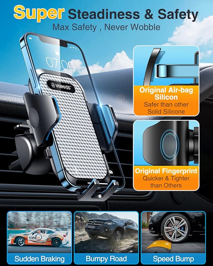 [Pro Version] VANMASS Universal Car Phone Mount [Super Suction Cup] Dashboard Phone Holder, Handsfree Windshield Dash Vent Phone Holder Car, Compatible for iPhone 16 15 14 13 Samsung LG & Truck,Silver