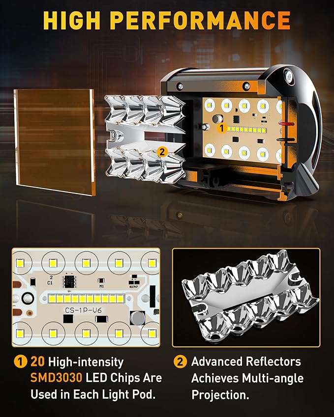 NAOEVO 4 Inch LED Pod Lights, Spot Flood Amber LED Fog/Driving/Off Road Lights with 2 Leads Wiring Harness, Cube Pods for Truck Boat ATV UTV, 2 Pcs (Amber)