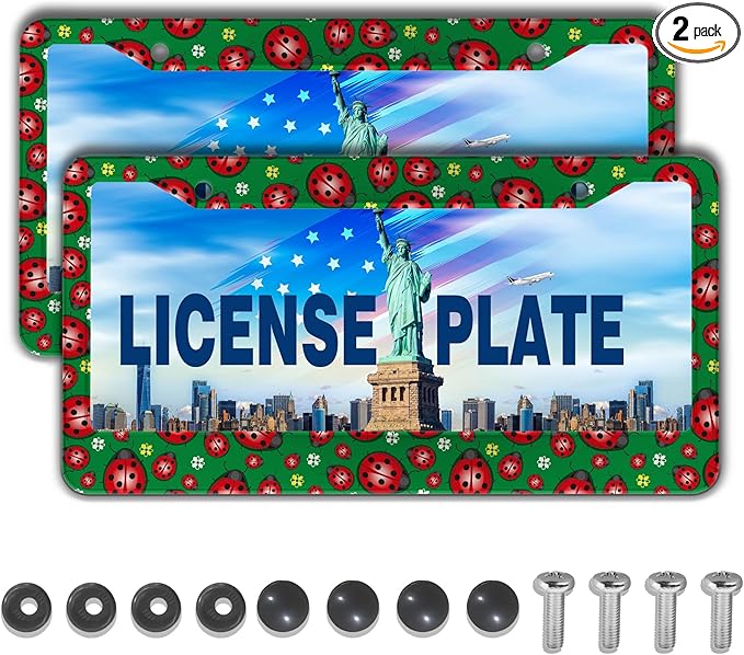 License Plate Frame Red Green License Plate Protector Cute Ladybug and Flowers Universal Aluminum Car Accessory 2 Pack with Screw Covers Set