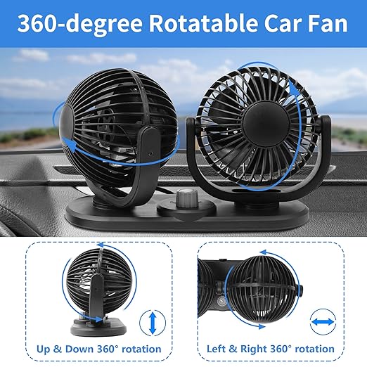 12V Car Fans Cooling Air Fan Powerful Dashboard Electric Dual Car Fan Cigarette Lighter Low Noise 360 Degree Rotatable for Truck Vehicle Boat Van SUV RV