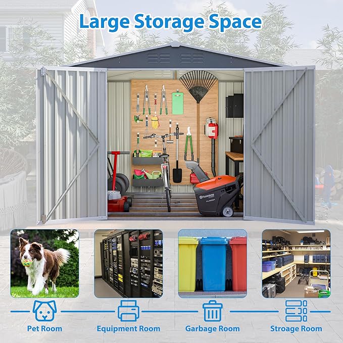 8x6 FT Outdoor Tool Storage Shed with Metal Foundation & Lockable Doors, All Weather Metal Sheds for Garden, Patio, Backyard, Lawn,
