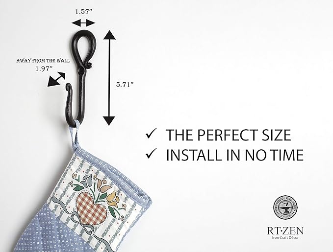 RTZEN Wall Mount Hook Set - Wrought Iron Decorative Rustic Metal Coat Hooks for Hanging - Handcrafted Classic Farmhouse Wall Mounted Black Hooks for Towel Robe or Hat Hanging - 3 Pack