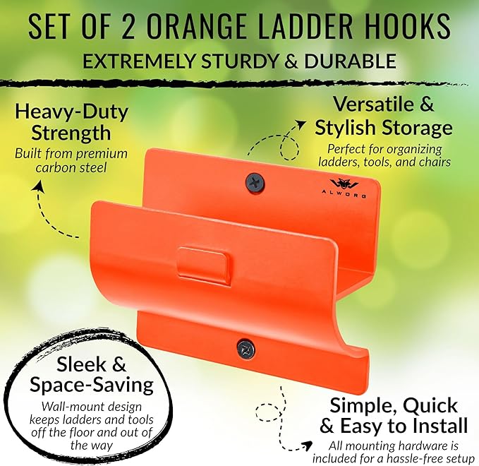 Ladder Hangers for Garage Wall Set of 2 Hooks- Orange Step Stool Hanger Wall Mount. Tool Holder for Shed, Workshop, Garden - Hang Wheelbarrow, Folding Chair