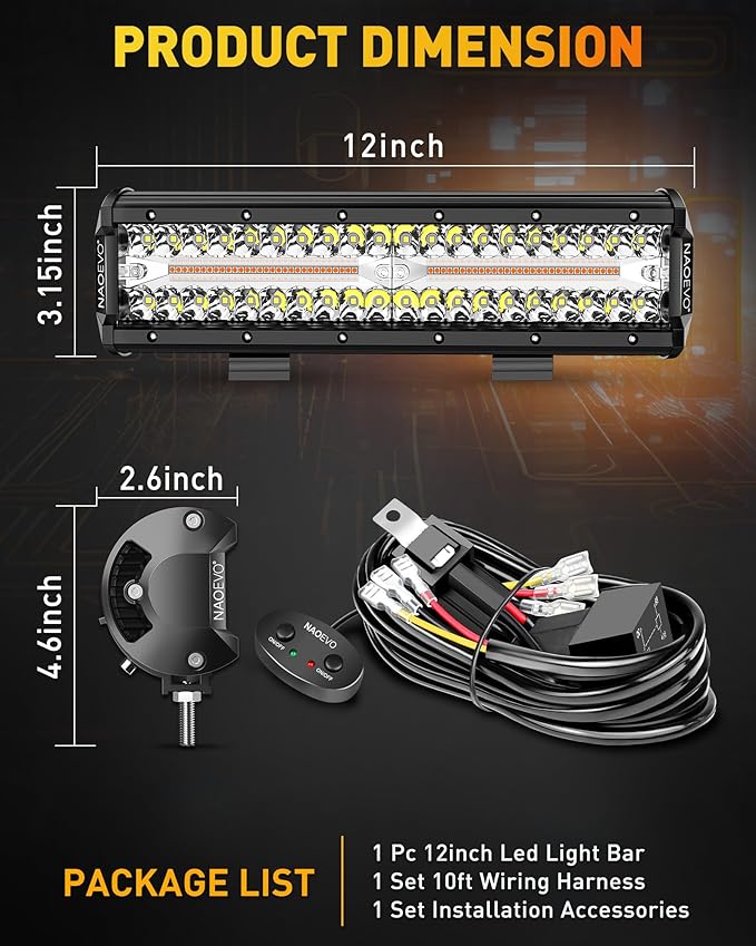NAOEVO 12 Inch LED Light Bar, 300W 30000LM LED Offroad Fog/Driving Lights with 2 Leads Wiring Harness, Spot & Flood Combo, Work for Truck Boat UTV ATV, 1 Pc (White/Amber/White&Amber)