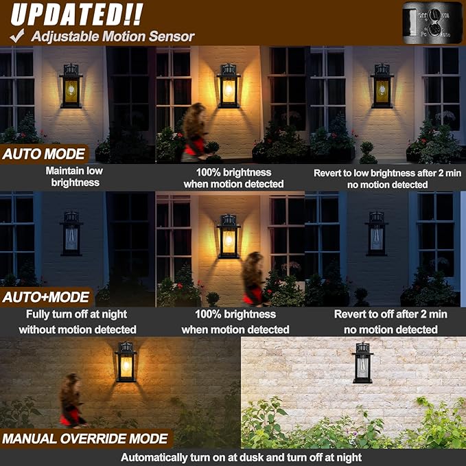 Motion Sensor Outdoor Lights Wall Mount, Dusk to Dawn Garage Exterior Light Fixture 2 Packs, Outdoor Wall Lighting with E26 Socket, Waterproof Unique Glass Shade, Exterior Lights for House, Porch