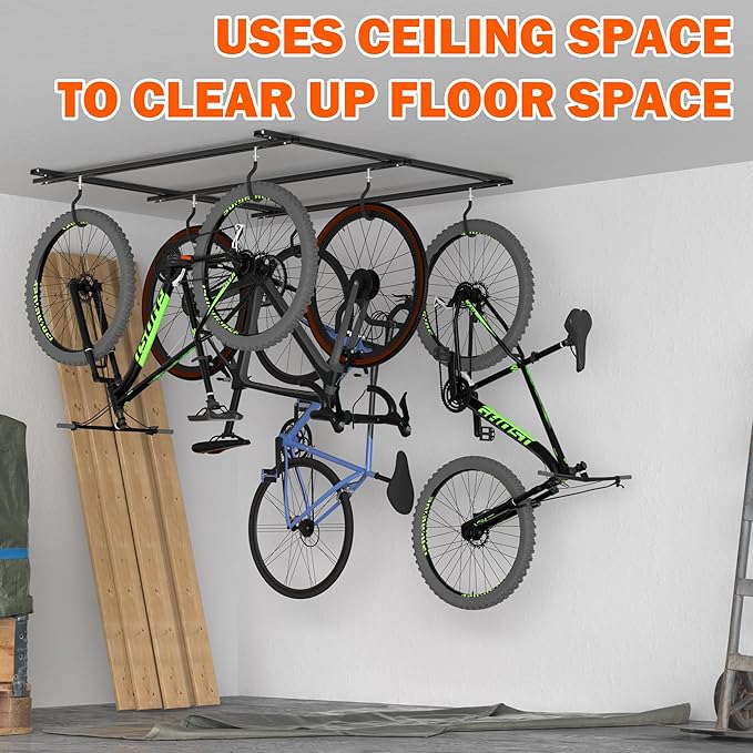 Ultrawall Ceiling Bike Rack for Garage, Indoor Bike Hanger with Sliding Track, Adjustable Bike Hooks for up to 3 Bikes (Horizontally), 6 Bikes (Vertically)