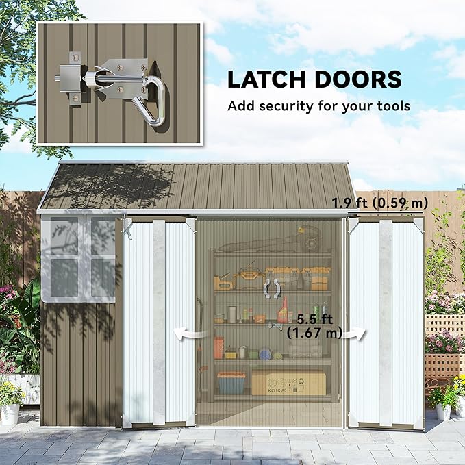 Outsunny 8' x 5.5' Outdoor Storage Shed, Metal Garden Shed with Window & Double Lockable Door, Outdoor Tool Shed Storage with Sloped Roof for Backyard, Patio, Garage, Lawn, Gray