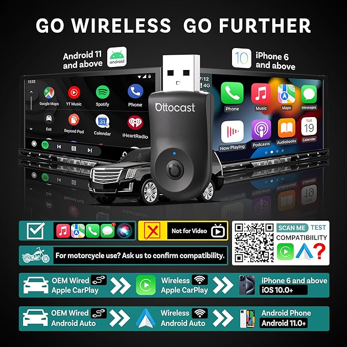 OTTOCAST Mini Wireless Carplay Adapter 2025 for Apple iPhone/Android Auto, Convert Wired to Wireless Car Play for Older Cars USB Design Plug & Play, Multi-User Seamless Connection for iOS 10+ (Black)