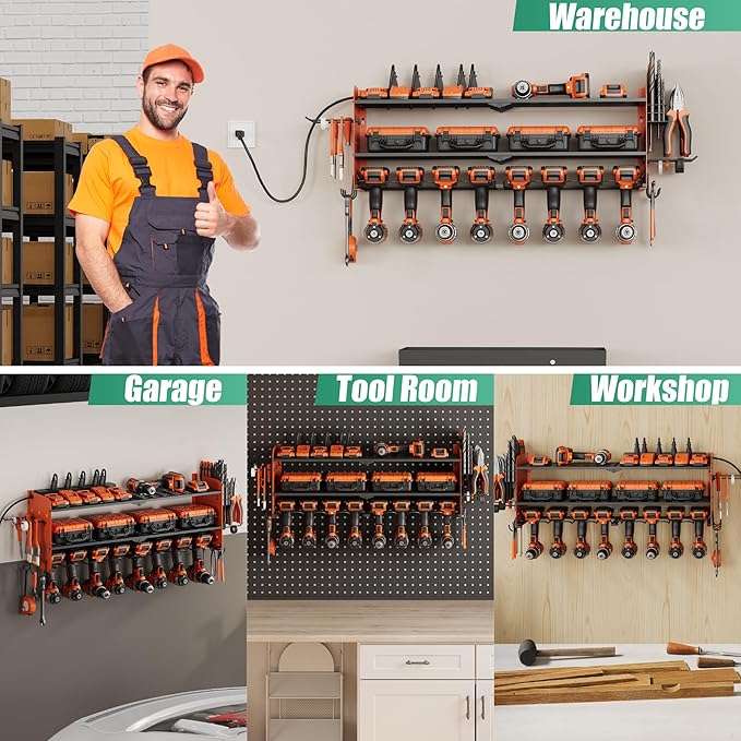 Suchtale Power Tool Organizer with Charging Station,33.2''Garage 8 Drill Holders Wall Mount,3 Layers Heavy Duty Metal Tool Shelf with 8 Outlets Power Strip, Gift for Men, Father, Orange