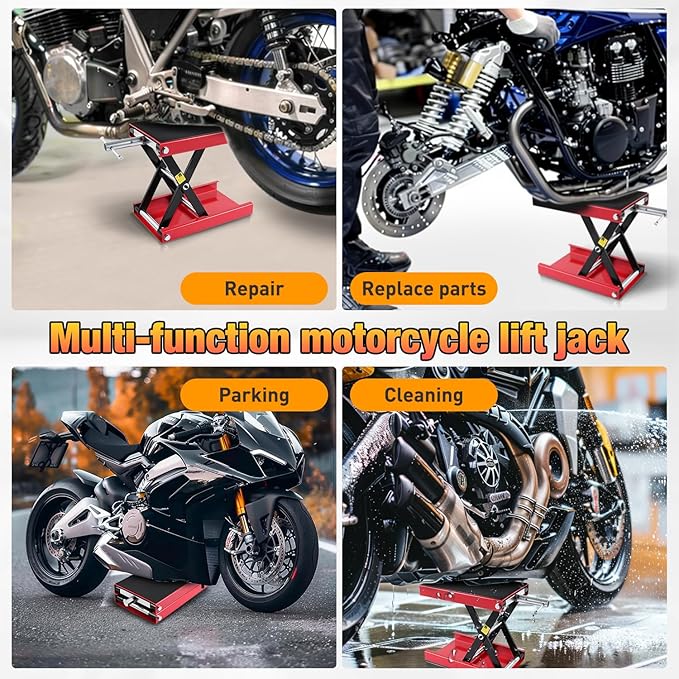 Nilight Motorcycle Lift Jack 1100 LBS Scissor Jack Stand Lift from 3.4" to 14.2" with Wide Deck Crank Handle Steel Scissor Hoist Garage Repair Lifter Table Jacks for Motorcycles ATV Dirt Bike, Red
