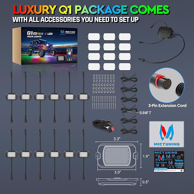 MICTUNING 2025 1000% Bright Q1 MAX RGB+IC Rock Lights, 12 Pods Chasing Dreamcolor Extensible Underglow Multicolor Neon Light Underbody Lighting Kit with APP Control for Truck ATV UTV Boat