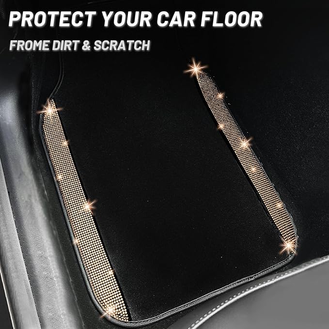 NBTEPEM Gold Bling Car Floor Mats Full Set, Universal Fit Most Cars,SUV, Trucks, 4 pcs Sparkle Glitter Diamond Carpet for Women Girls with Anti-Slip Pad (Gold Diamond)