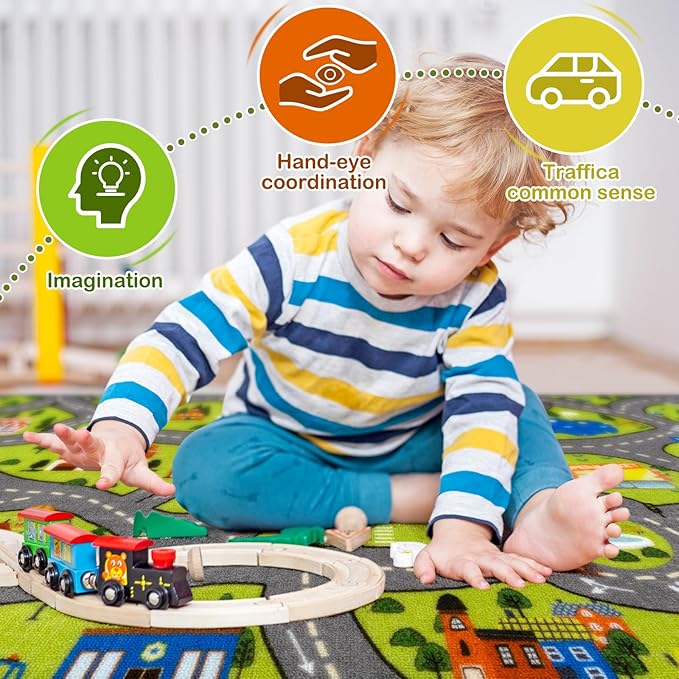 STARUIA Washable Kids Carpet Playmat Rug for Boys Play Room, Baby Fun Learning Car Rug for Kids Toy Cars, Non-Slip City Road Rugs for Kids Room Bedroom Classroom, 79"x39"