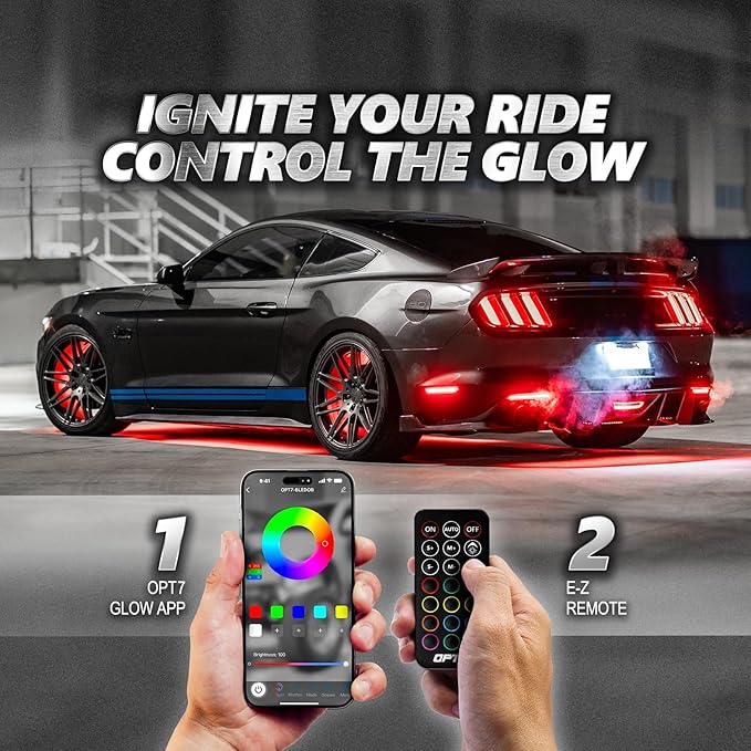 OPT7 Aura Pro Underglow LED Lights Kit for Car with APP & Remote Control, RGB Multicolor Modes, Music Sync, Waterproof Rigid Aluminum Light Bar, Exterior Neon Accent Underbody Lighting Kit