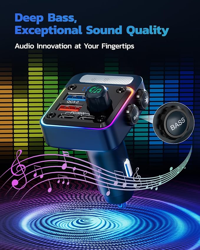 Nulaxy 54W Bluetooth 5.3 Car Adapter with 4 Charging Ports [PD 36W & QC3.0 18W], Wireless Radio FM Transmitter with Deep Bass Player & 5 Colors LED Backlit, Hands-Free Calling - Blue