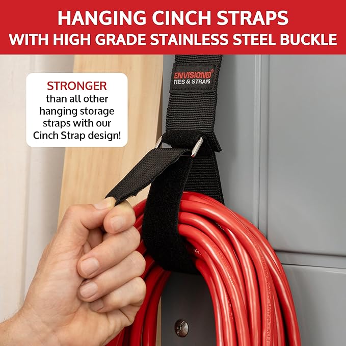 Heavy Duty Hanging Storage Cinch Straps with Metal Buckle (4 Pack, 1.5" x 12") - Electrical Extension Cord & Garden Hose Holder, Cable Management, Storage Organizer in Garage, Workshop - ENVISIONED