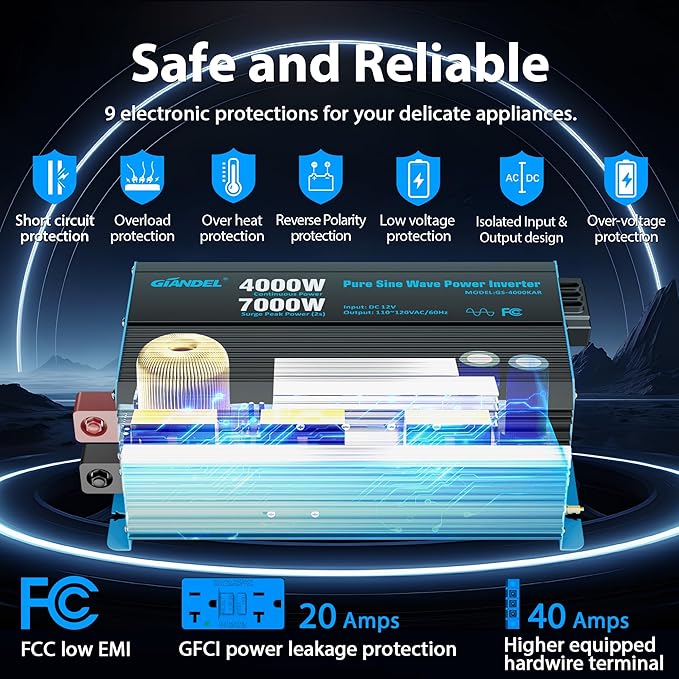 GIANDEL 4000W Pure Sine Wave Power Inverter 12V to 120V AC,7000W Surge,Compatible with All 12V Batteries,Dual Remote Control,UL Listed GFCI Outlets,FCC Approved for RV Campers Off-Grid Solar Systems